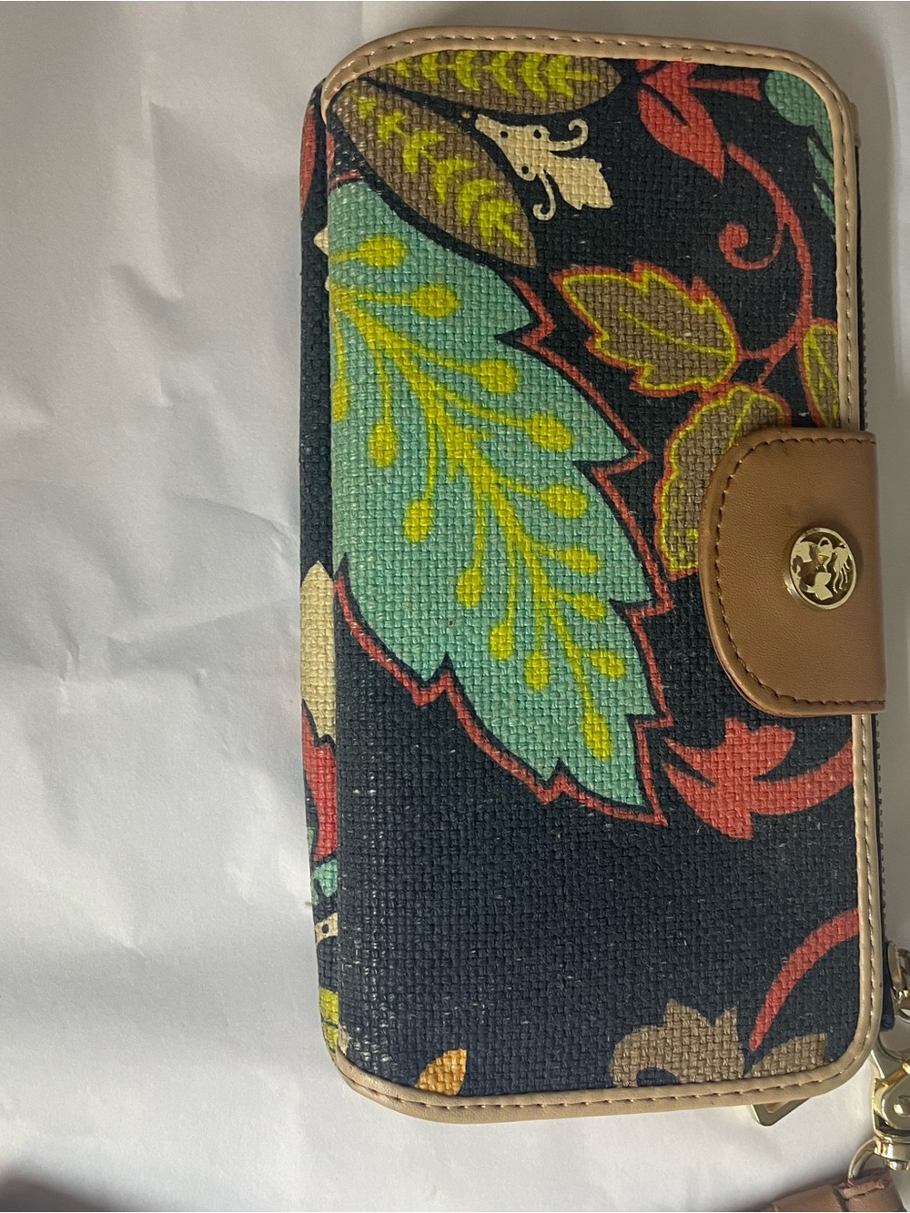 Spartina 449 Black Floral Zip Wallet with Teal, Yellow & Tan Accents